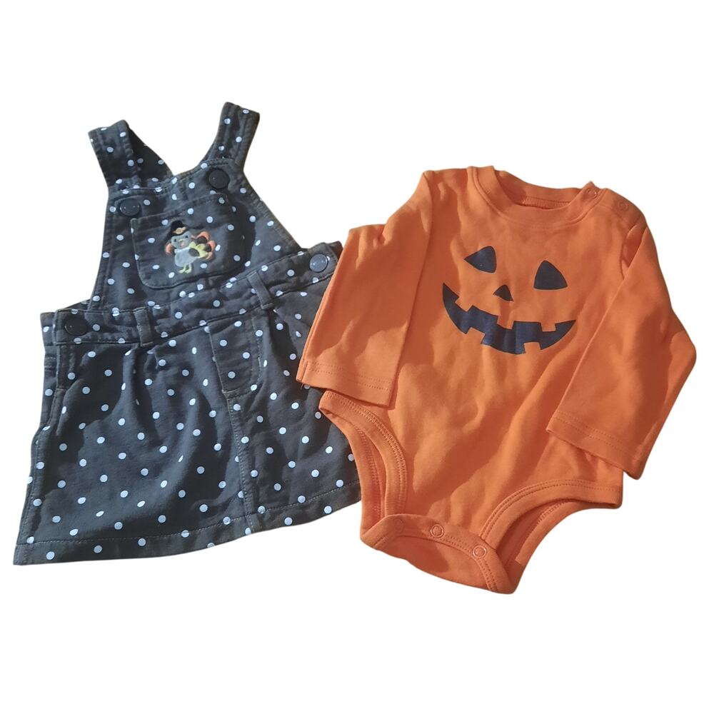 Carters 3-6 Month Turkey Polka Dot Overall Dress and a Pumpkin Long Sleeve Onsie